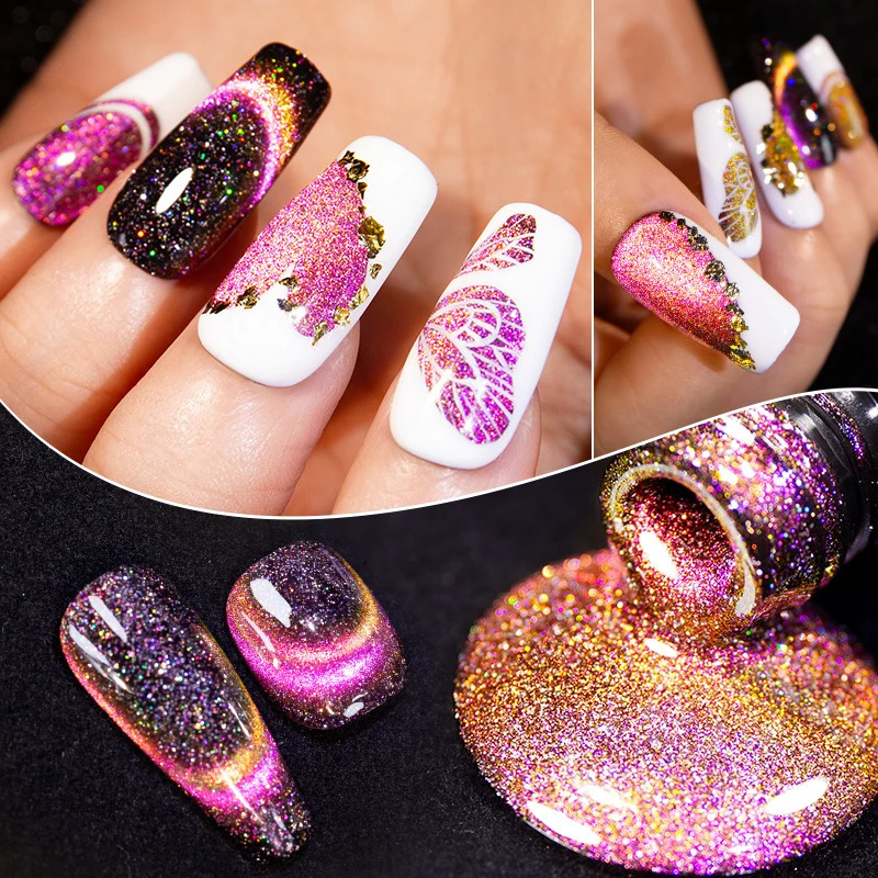 BOZLIN 7.5ml Cat Magnetic Gel Nail Polish Semi anent Dynamic Glitter Reflective Nail Gel Soak Off UV Gel Nail Art Varnish 250319