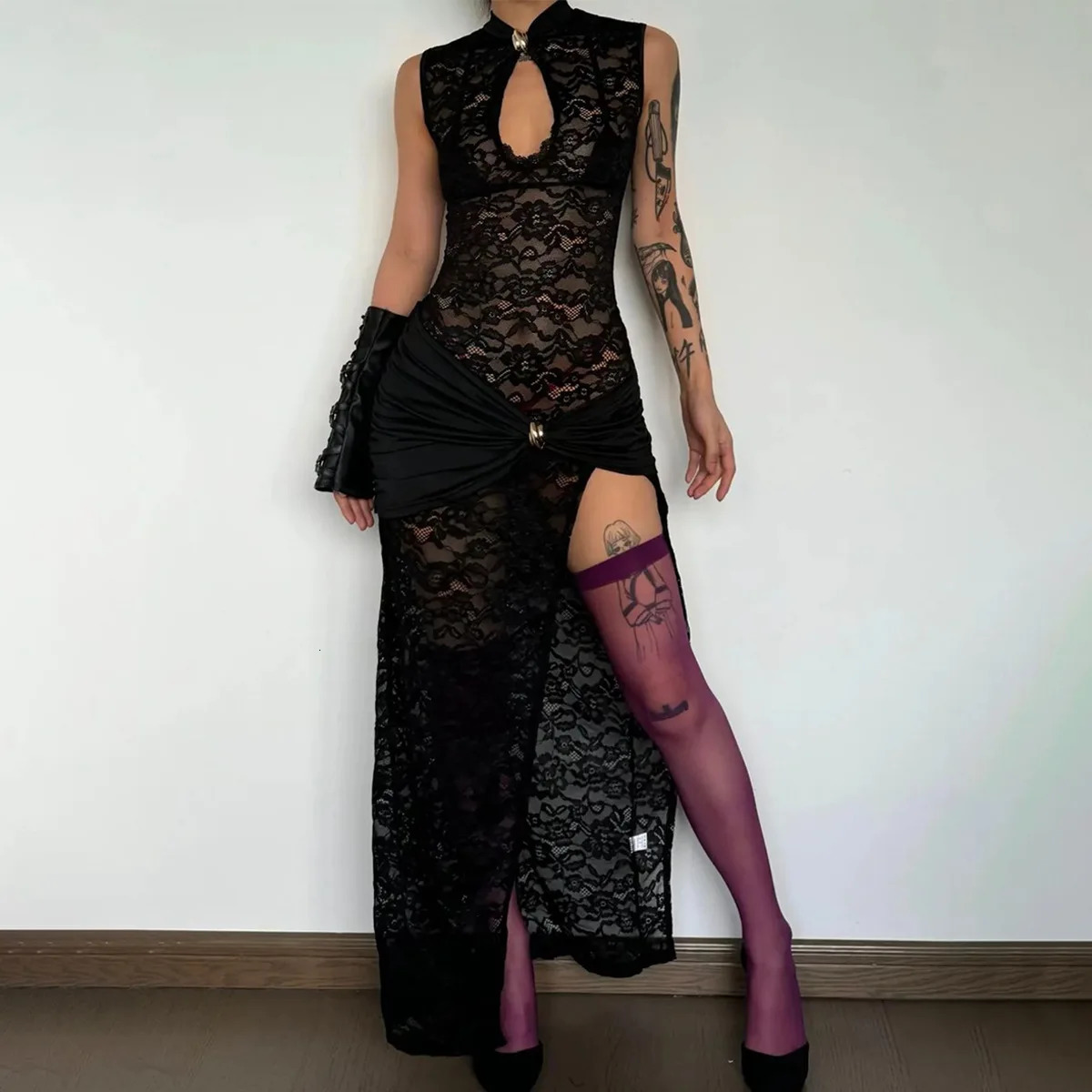 Women Sexy Lace Long Dress Hollow Out Sleeveless High Slit Evening Party Club Dress Vintage Casual Bodycon See Through Vestidos 250320