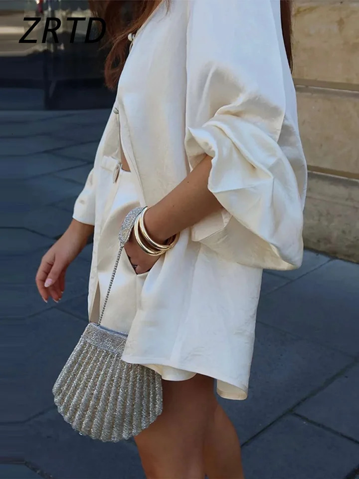Elegant Satin Shirt Shorts Sets Women Hollow Out Lantern Sleeve Blouses Bow Short Pants 2025 Spring Summer Lady Vacation Outfits 250320