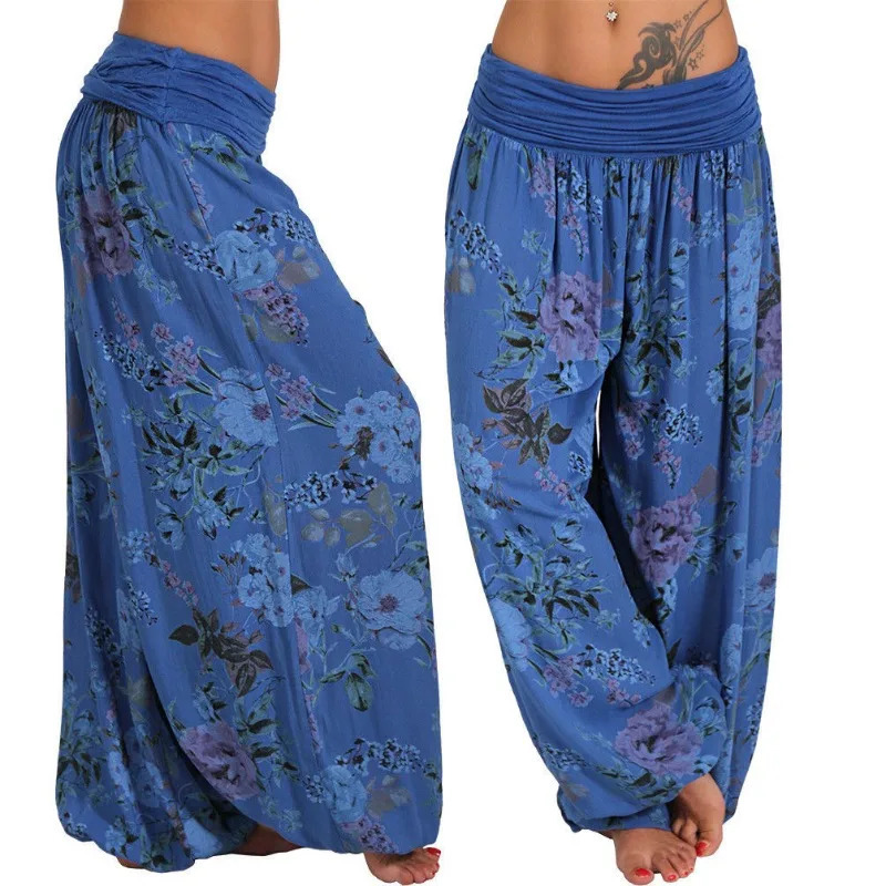 European and American womens long sleeved harem pants with digital printing wide leg casual plus size 250320