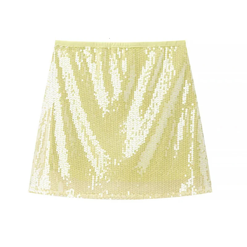 TRAF Woman 2025 Skirts Yellow Mini Skirt Summer Shiny Sequin Sexy Short Skirt Streetwear A-Line Y2K Skirts For Women 250321
