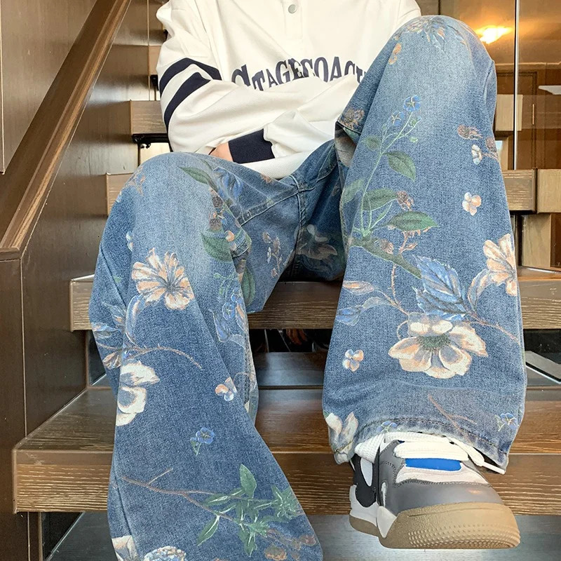 American High Street Floral Printed Jeans For Men Y2K Vintage Denim Trousers Hip Hop Fashion Wide-leg Baggy Jean Pants 250320
