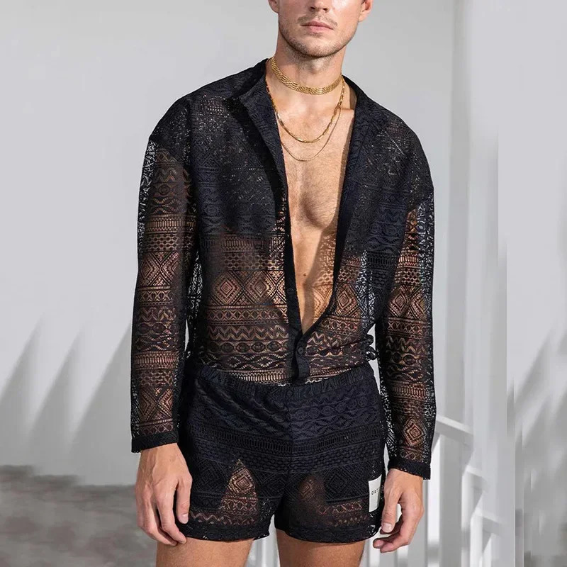 Mens long sleeved lace cut casual shorts mens two-piece set fashionable Ropa Hombre 250314