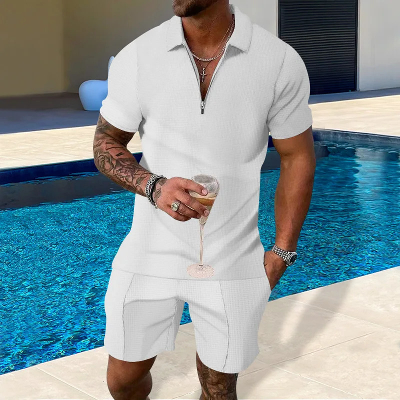 Summer mens light mature casual solid color waffle polo shirt mens half zipper short sleeved set 250318
