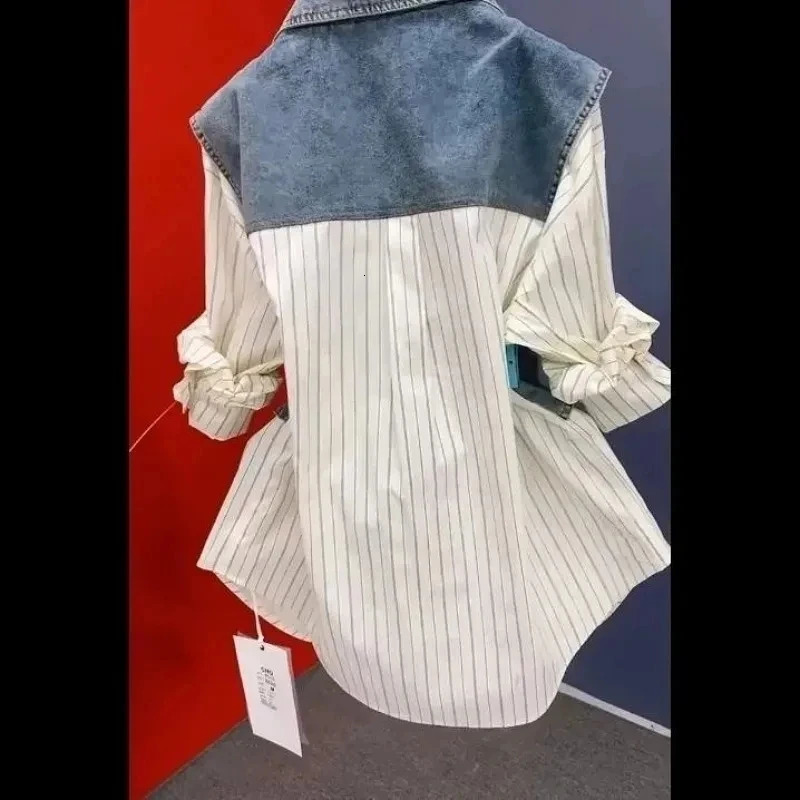 Spring and summer striped two-piece denim shirt womens sense stitched womens jacket warm denim jacket 250317