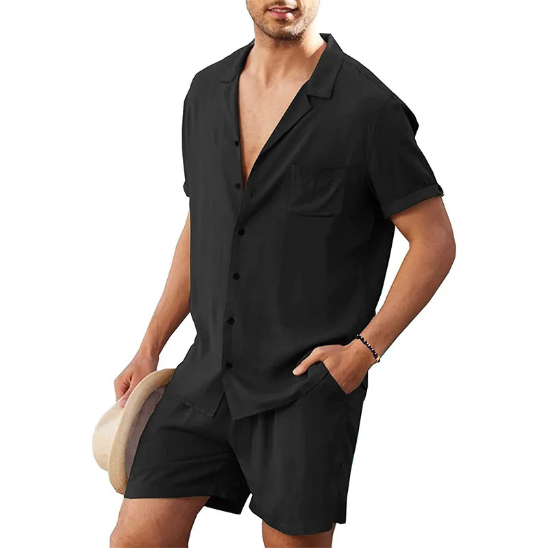 Summer Cotton Linen Shirt Set Mens Casual Outdoor 2-Piece Suit Andhome Clothes Pajamas Comfy Breathable Beach Short Sleeve Sets 250320