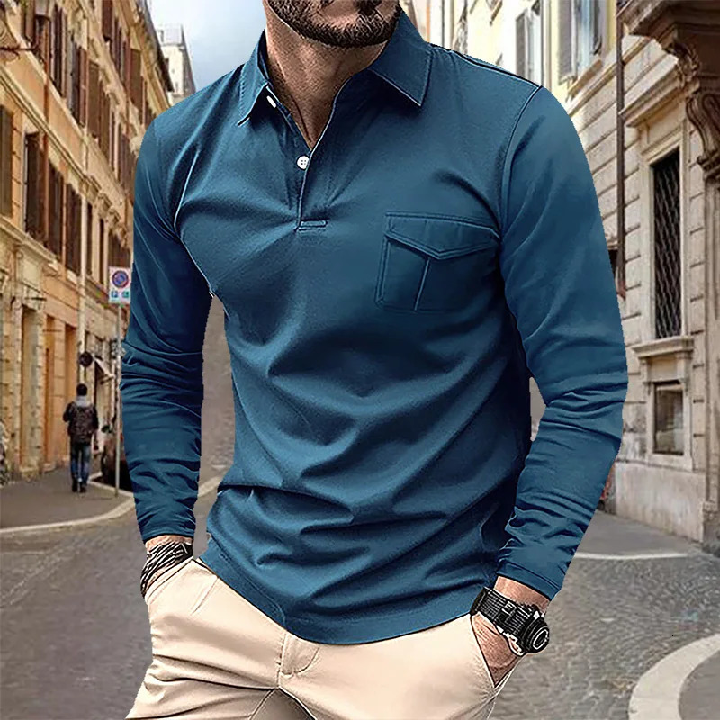 2024 SpringSummer Mens Polo Shirt with Collar Pocket Tshirt Business Casual Long Sleeve European and American Plus Size 250320