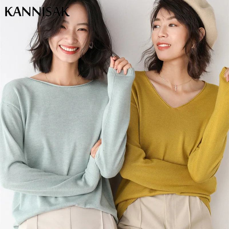 Spring Autumn Womens Sweater Solid Knitwear Korean Loose Female Basic Casual Jumpers Stretch Pullover Sky Blue Pink Sweater 250319