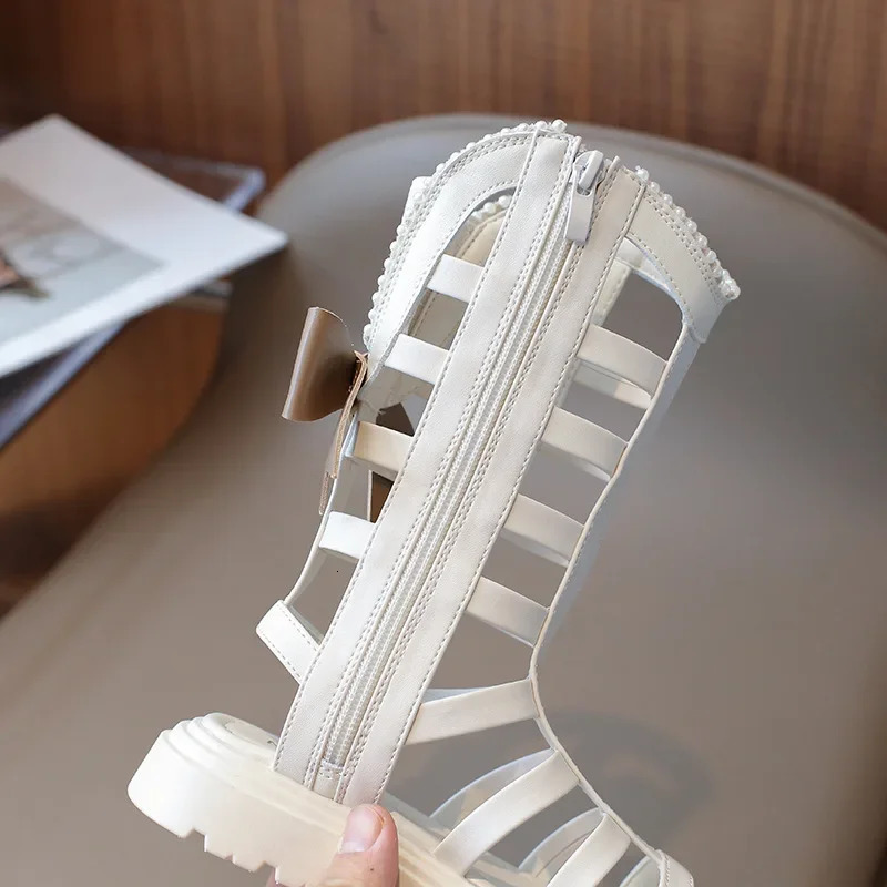 Girl Long Roman Boots Children Hightop Leatehr Sandals Summer Fashion Kids Pearls Gladiator with Bowtie Princess H06256 250304