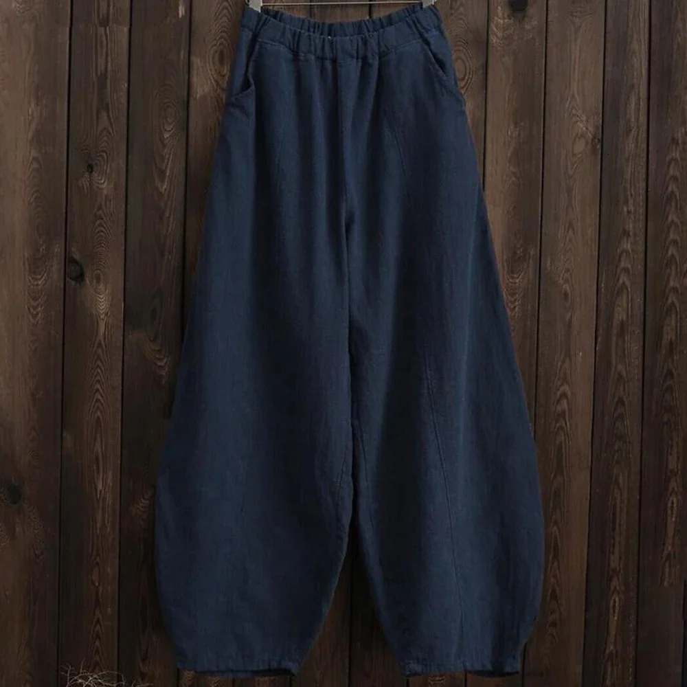Loose Fitting Cotton Linen Style Balloon Pants Wide Leg Pants Women Vintage Full Length Harem Pants Solid Elasitic Waist S-5XL 250320