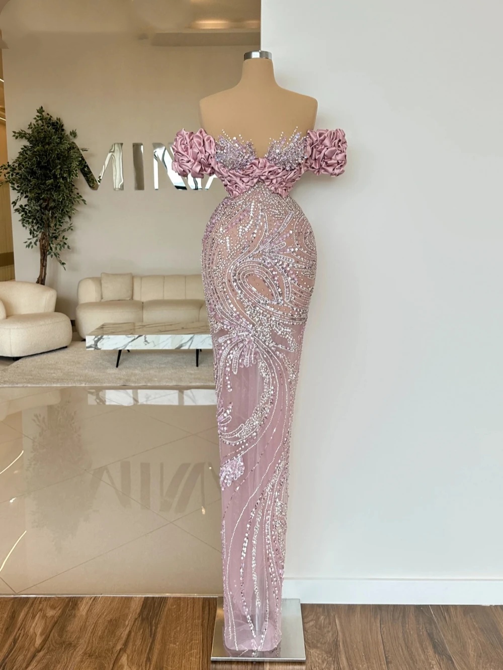 Evening Dresses For Women Sheer Neck Off Shoulder Sleeveless Gown See Through Sequins Ruffles Sweep Train Party Customized Dress