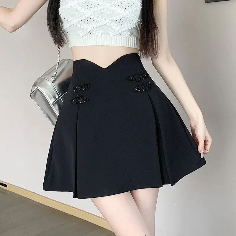 Women Summer Chinese Style Buttons Solid Color High Waist Appear Thin Skirt Ladies Simplicity Office Lady All-match Short Skirt 250320