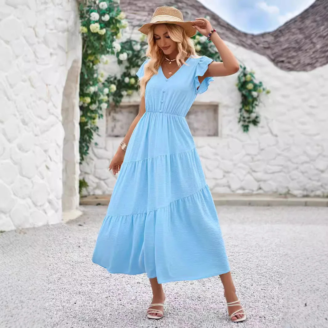 2025 Womens Long Summer Dress Button V-neck Short Sleeve Dress Solid Color Casual Beach Dress Big Swing Boho Beach Dress 250320