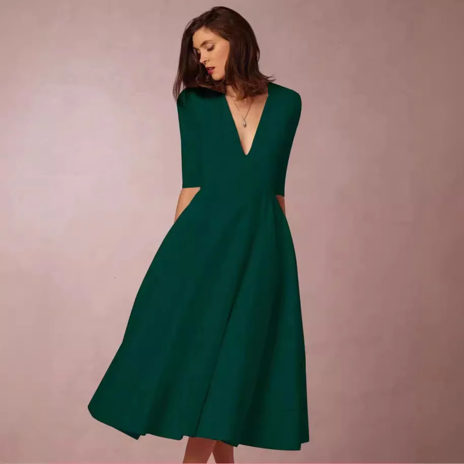 Womens Autumn Elegant Solid Midi Dress Deep V Nedk Half Sleeve Aline Khaki Blue Party Evening Abito Donna 250320