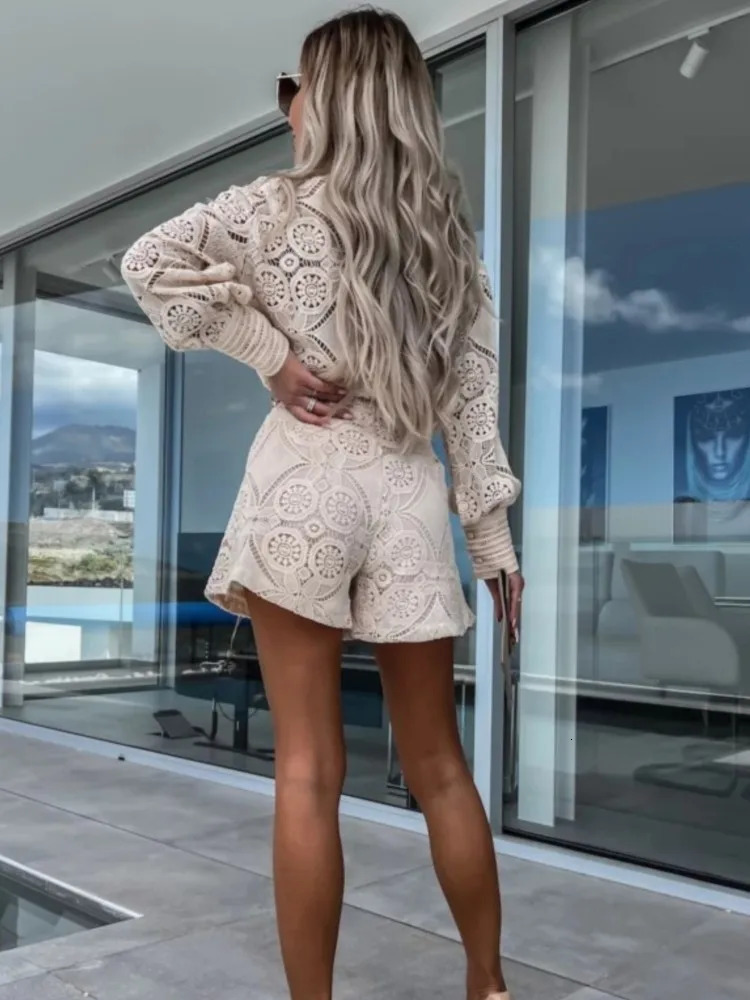 Vintage white lace shirt shorts set for womens spring and summer long sleeved button up top shorts 2-piece set elegant party womens clothing 250318