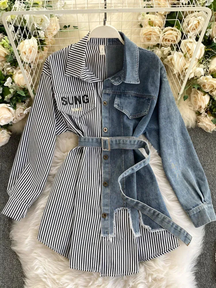 Spring and Autumn Womens Denim Shirt Color Comparison Patch Work Lace Top Display Thin Version Top Fashion GD596 250317