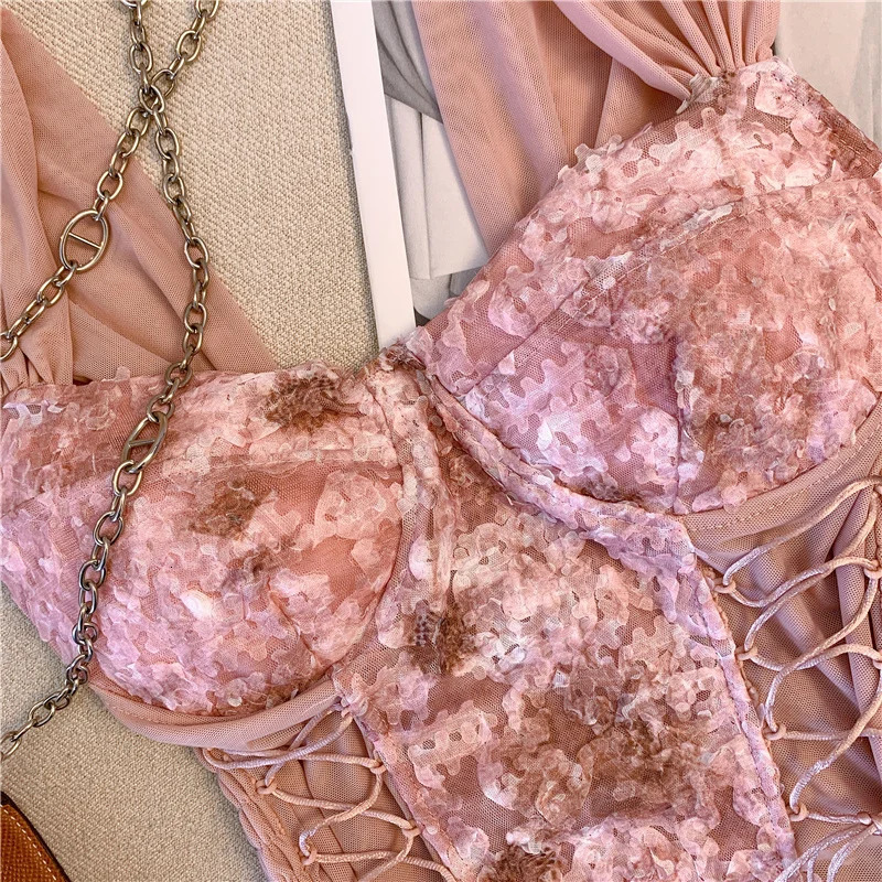 Womens bandage sexy lace strapless irregular top solid pleated crop with bra pad 2024 womens summer backless ultrathin vest 250320