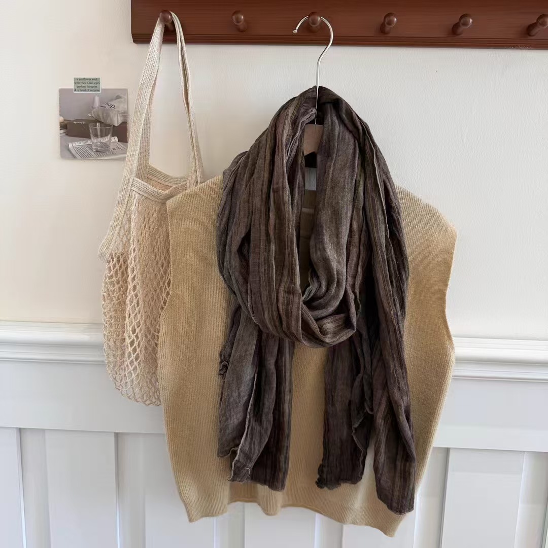 T325 casual retro old vertical stripes plain shawl cotton and linen scarf shawl 2025 spring new products