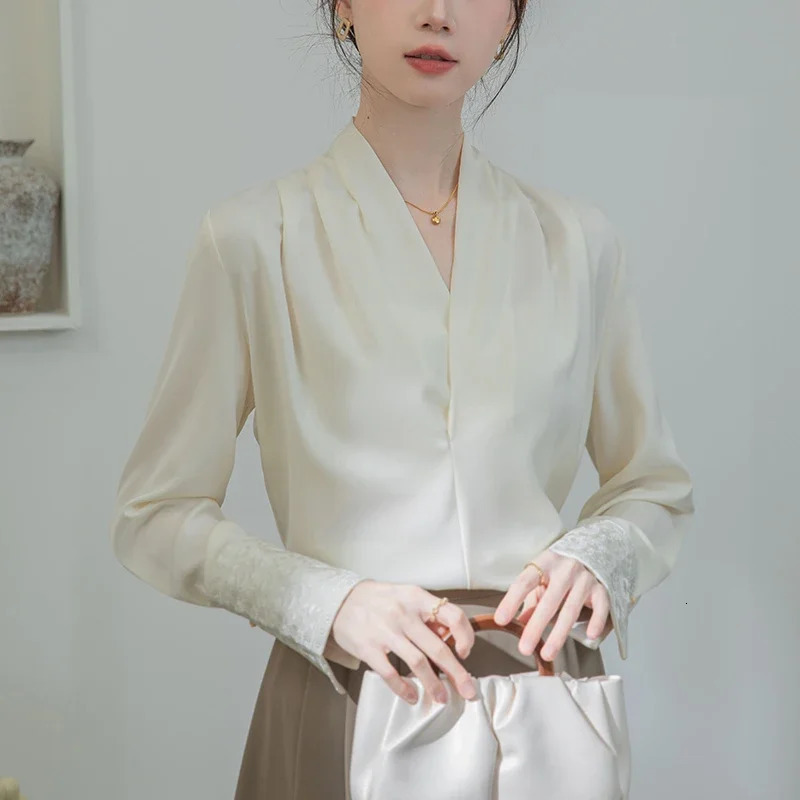 Spring Autumn Chinese Style Womens White Blouse 2025 Embroidery Long Sleeve Cross V-neck Casual Office Lady Shirt Female 250320