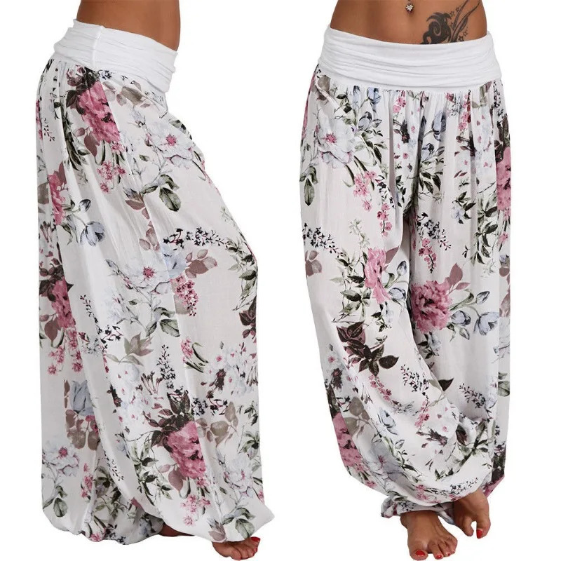 European and American womens long sleeved harem pants with digital printing wide leg casual plus size 250320