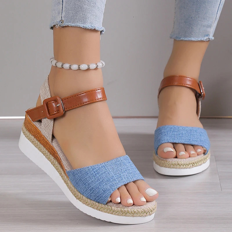 Womens Sandals Peep Toe Wedges Heels Summer Shoes Woman Low Platform Nonslip Hemp Heeled 250321