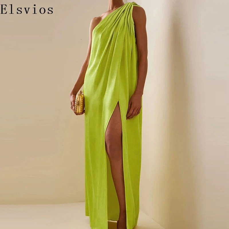 Simple and elegant solid color one shoulder party dress for women fashionable high seam cocktail long folding robe 250317