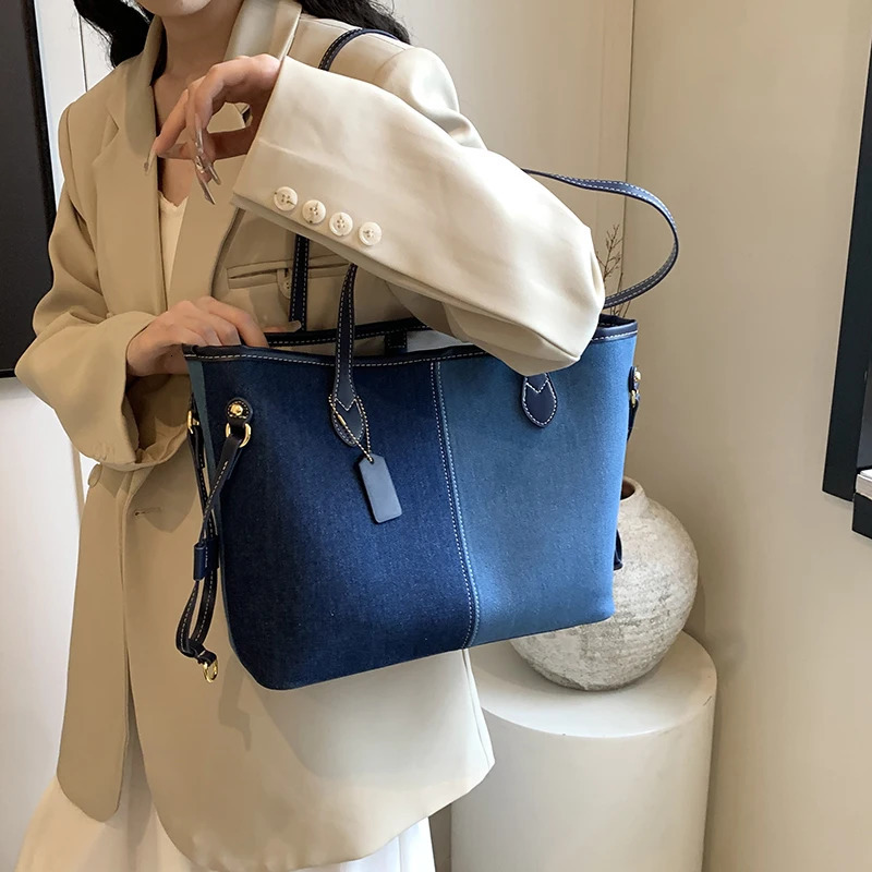 MOODS Patchwork Tote Bag Set For Women Big Capacity 2In1 Shoulder Shopper Denim Fabric Contrast Color Handbag Female 250320