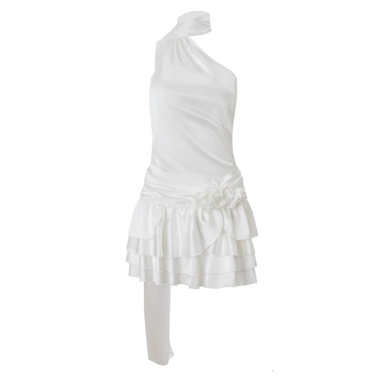 WhereMery Sexy Satin Backless 3D Flowers Women Dresses White Halter Aline Dress Female Spring Slim Elegant Party Beach 250320