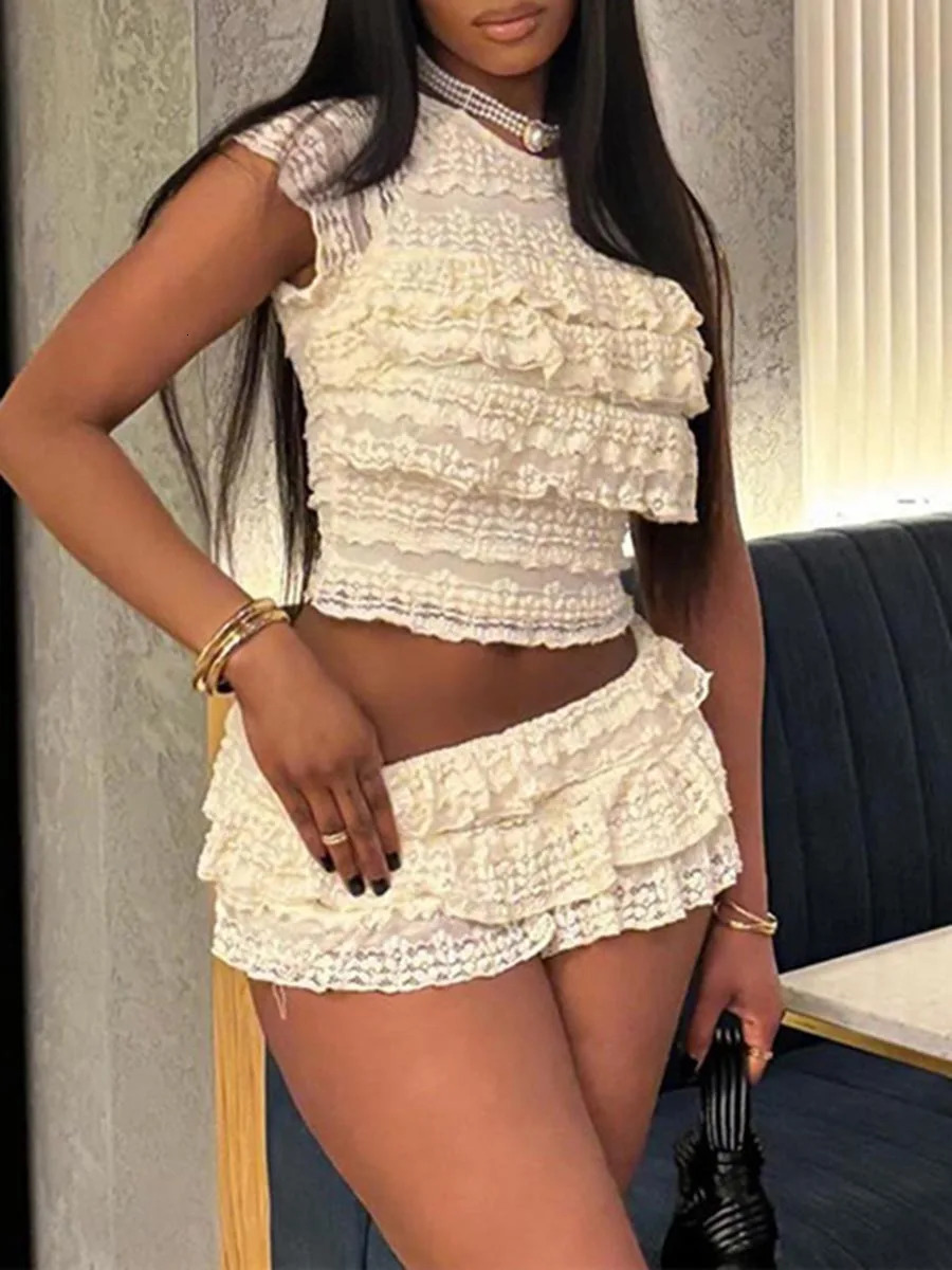 Women s Lace Crop Top and High Waisted Shorts Set with Short Sleeves and O Neckline Tiered Lace for a Stylish Look 250320