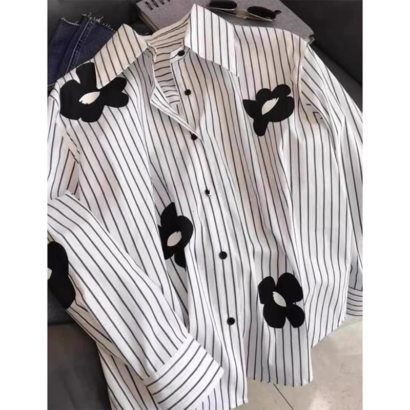Collar patterned long sleeved loose shirt and shirt print casual single chest office white womens shirt 250320