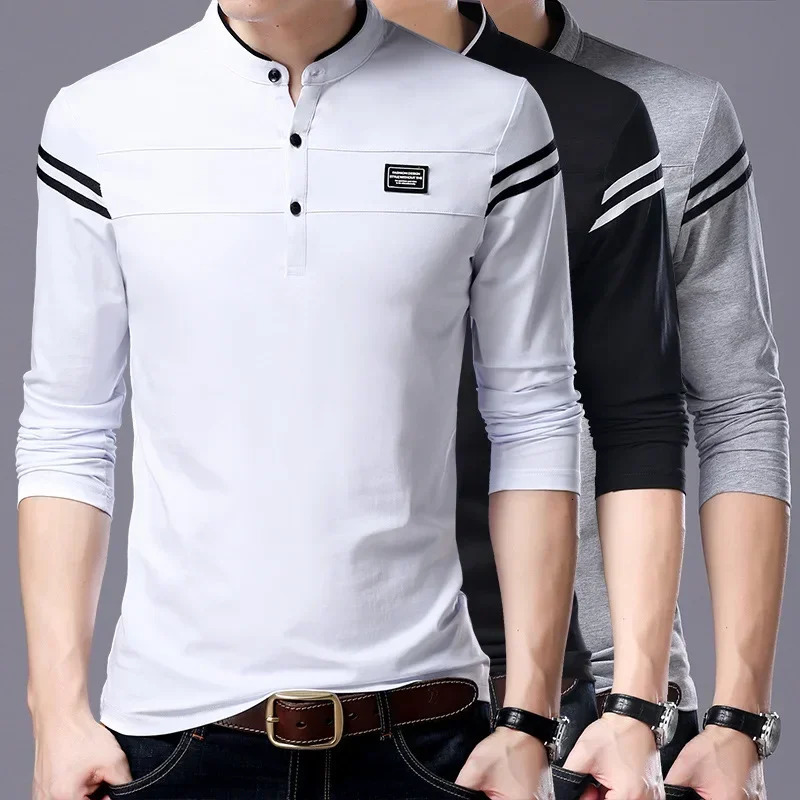 Casual Men T Shirt Button Neck Collar Long Full Sleeve Tshirt Male Business Fashion Classic Cotton Slim Fit Elegant T-Shirt Tops 250320