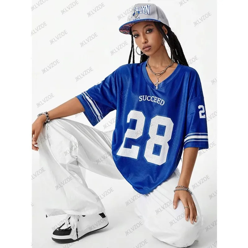 2025 Black 28 Size Printed Tshirt Womens Vneck Short Sleeve Sports Football Suit Y2K Loose Large Comfortable Top 250311