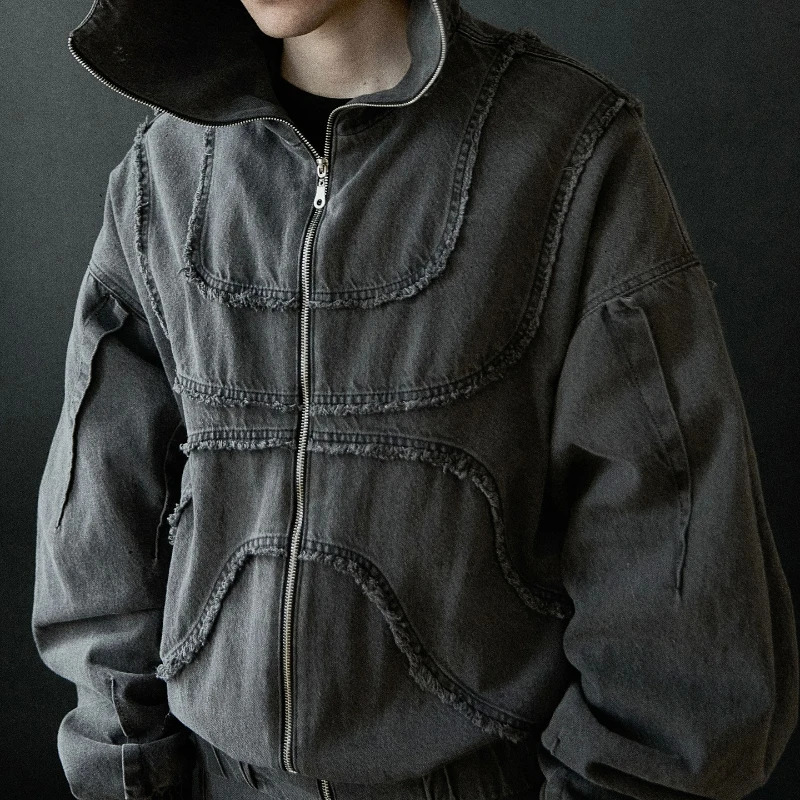 Y2K denim jacket American patchwork style Gothic retro trend unisex streetwear punk oversized casual zipper hoodie 250317