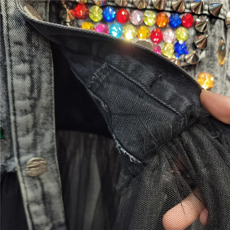 Women Rainbow Color Diamonds Beaded Mesh Ruffles Splice Jeans Jacket Multi-layers Mesh Rhinestone Denim Vests Cardigan Tank Tops 250320