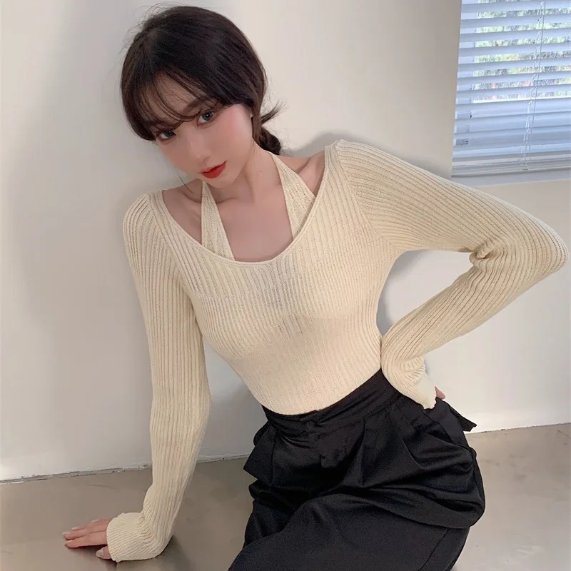 Spring And Autumn Long Sleeved Solid Color Slimming V-Neck Hanging Neck Tops Womens Off Shoulder Knitted Sweaters 250319