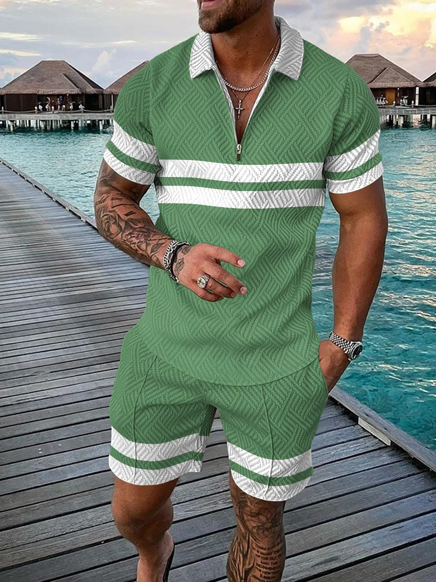Hawaiian Tracksuit 2-piece set 3D printed zipper polo shirt short sleeved shirt and shorts casual fashion zipper mens 2PCS clothing 250320