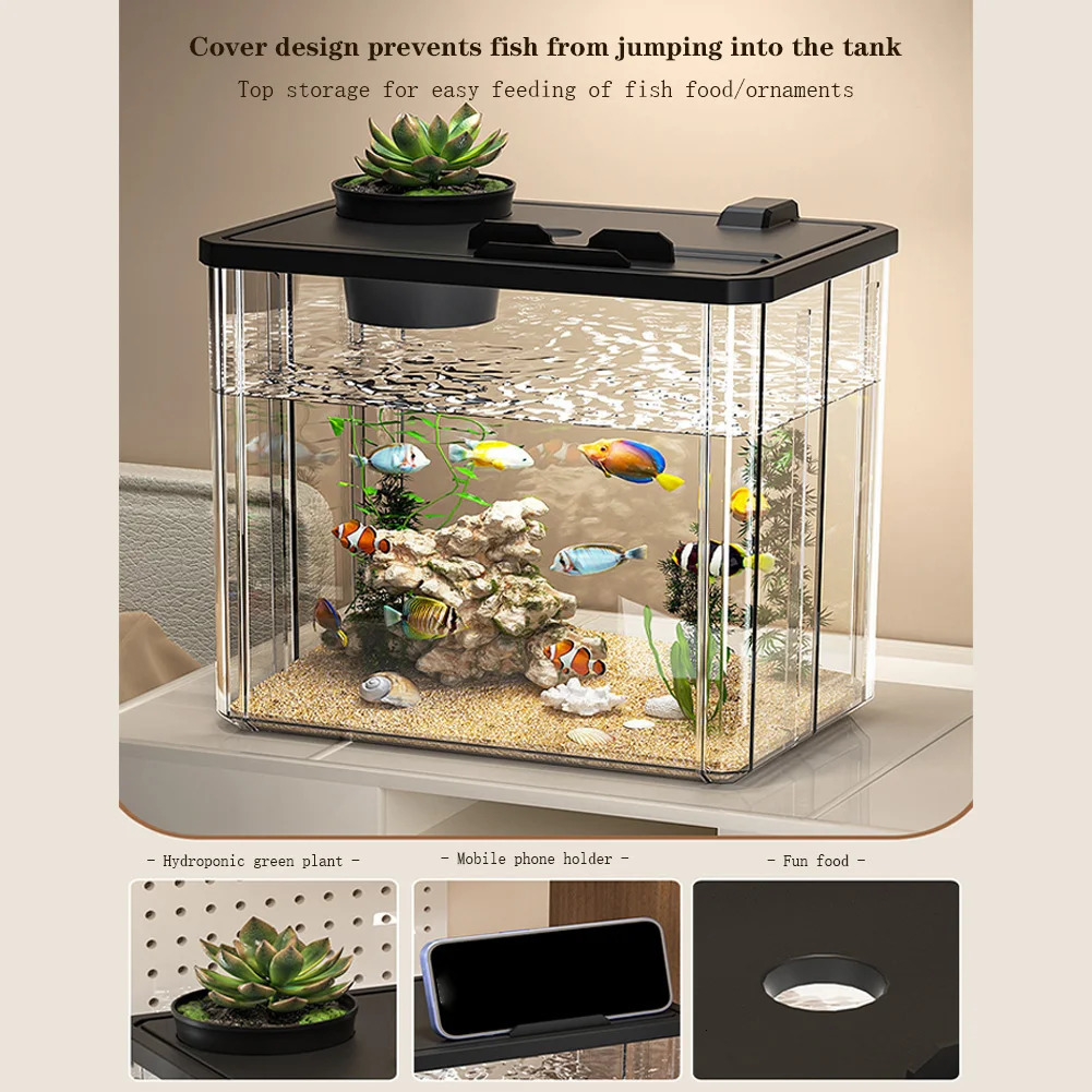 Aquarium Starter Kit Mini Desktop Rectangular Fish Tank with Pump LED Light Simulating 250318