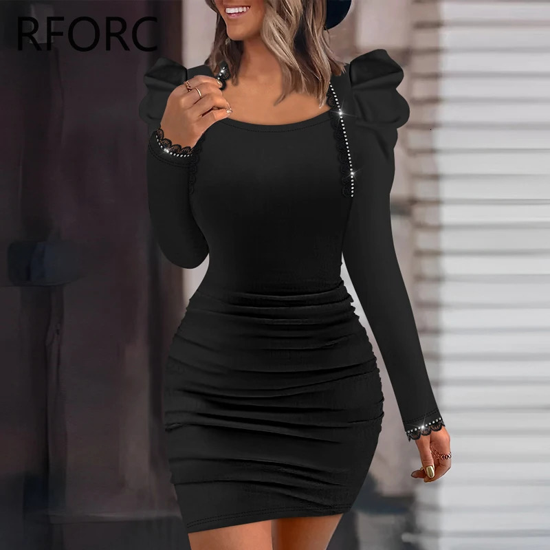 Women Solid Long Puff Sleeves Rhinestone Decoration Folds Mini Bodycon Party Black Dress 250320