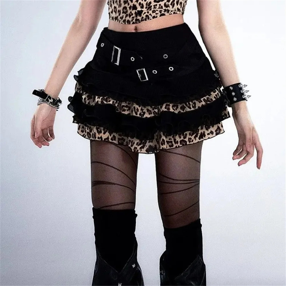 Y2K Leopard Print Ruffle Kawaii Vintage Skirts Goth Black Aesthetic Subculture Short High Waist Punk Cake Fluffy Cute Slim Skirt 250320
