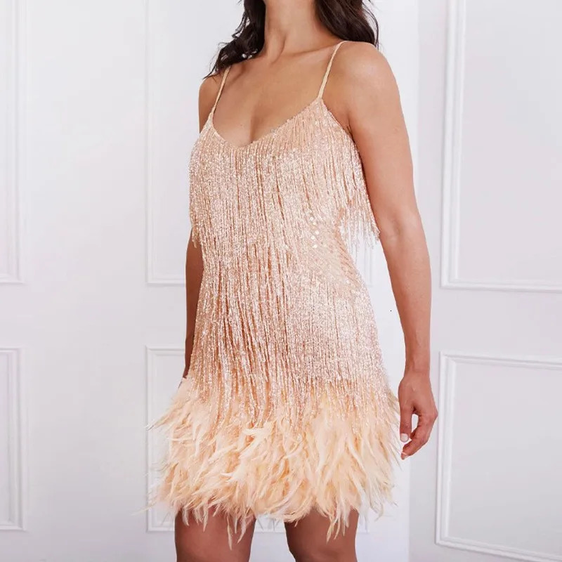 Sexy Tassel Sequin Shiny Feather Mini Dress Women y Black Short White Dresses Evening Party Club Cocktail Prom 250320