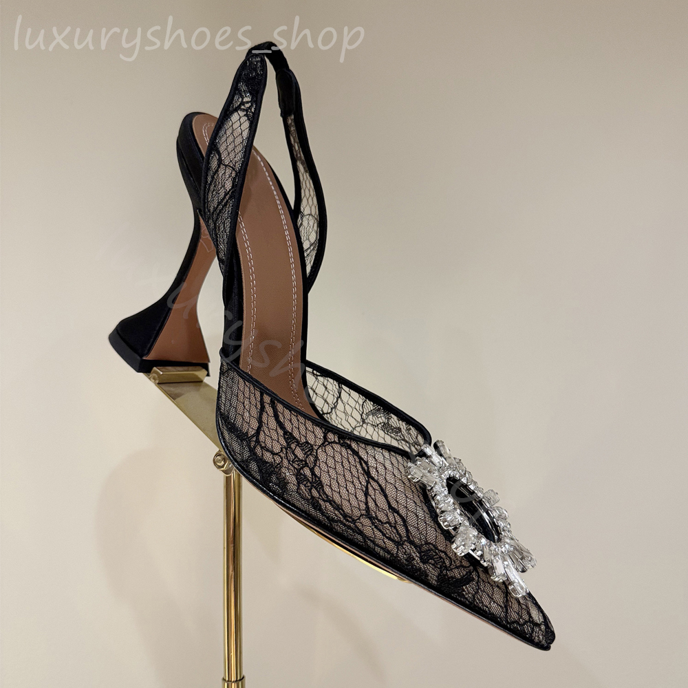 Designer Heels Camelia Crystal-embellished Lace Slingback Pumps shoes spool Heels sandals women's Luxury Dress Evening Slingback sandal White wedding shoes New