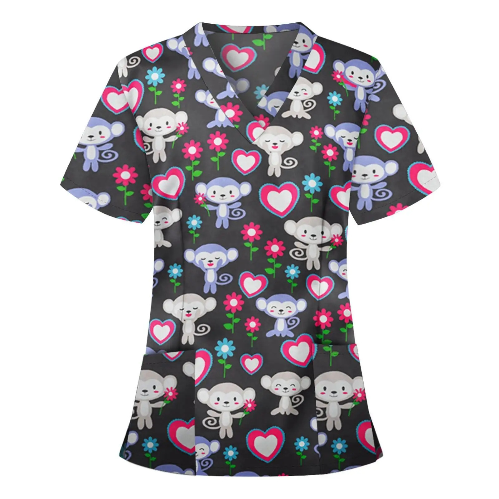 Women Working Uniform Animal Print Cartoon Cat Dog Short Sleeve V-neck Tops Femme Blouse Nurse work wear Uniforms 250320