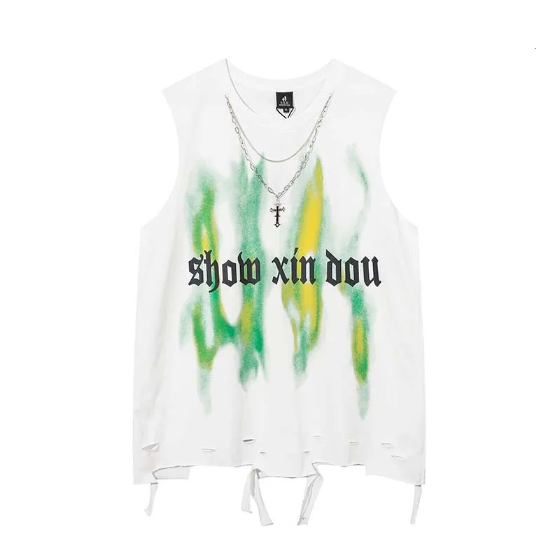 summer vintage necklace wash vest mens streetwear oversized trend hole sleeveless T-shirt womens hip-hop casual vest 250318