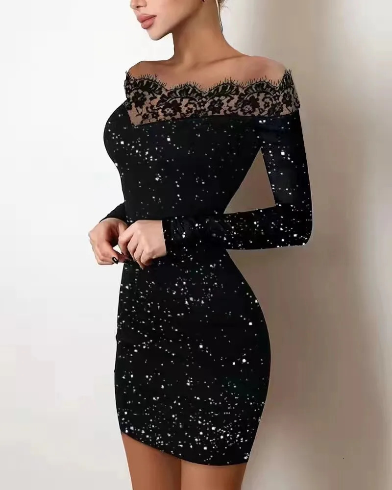 Chinese Year womens fashionable elegant casual sexy long sleeved lace trimmed single shoulder silver powder short dress 250320