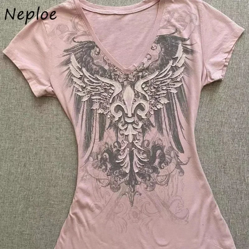 Neploe 2025 Summer Pink V-Neck Short Sleeve Slim Fit Waist Cinching Top American Vintage Fairycore Streetwear 2000S Y2K T-Shirt 250317