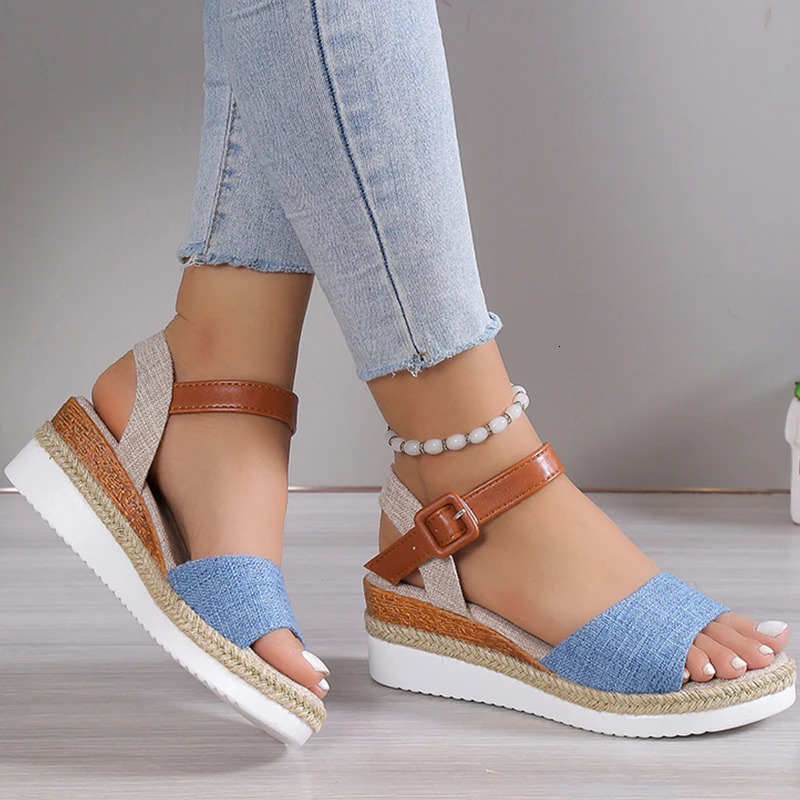 Womens Sandals Peep Toe Wedges Heels Summer Shoes Woman Low Platform Nonslip Hemp Heeled 250321