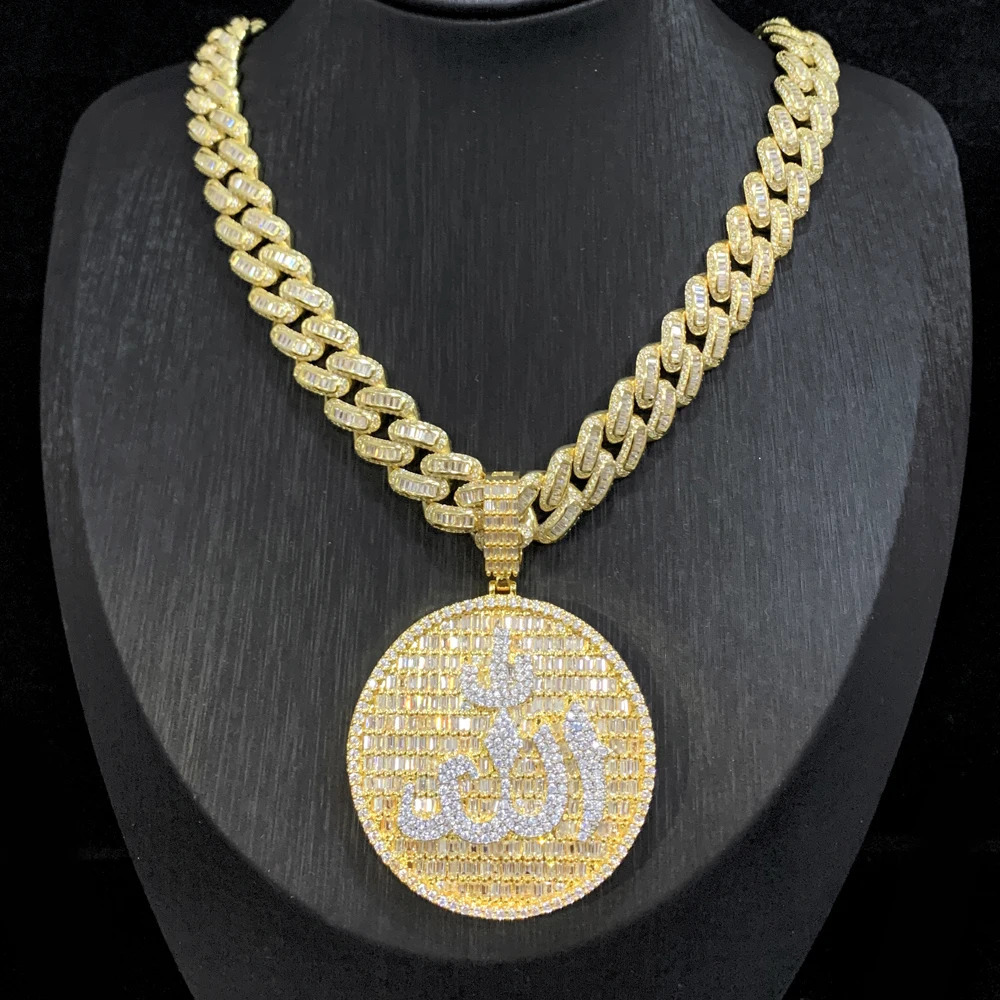 Iced Out Muslims Pendant Necklace 14MM Cuban Chain Pave Zircon CZ Letter Charm Bling Men Hip Hop Jewelry 250320