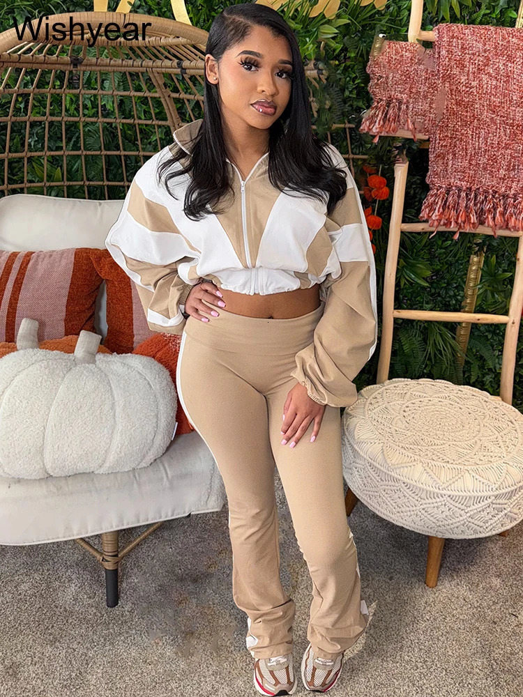 Fashion Patchwork Long Sleeve Zipper Crop Jacket and Skinny Pencil Pants Two Piece Set Woman Tracksuit Jogger Sports Outfits 250321