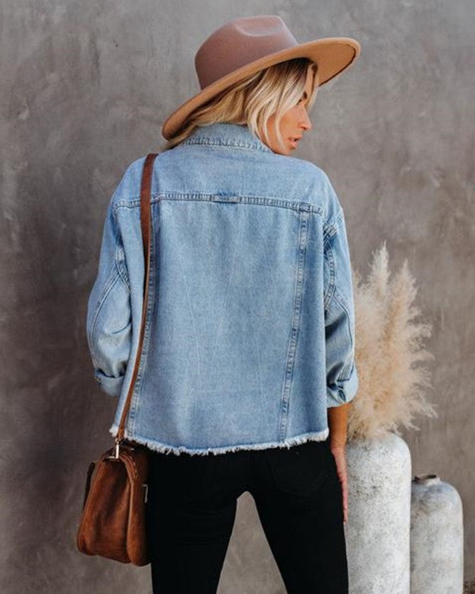 CNLONGBIDA Womens Jackets European and American denim jacket womens solid color loose jacket perforated long sleeved womens denim shirt 6666