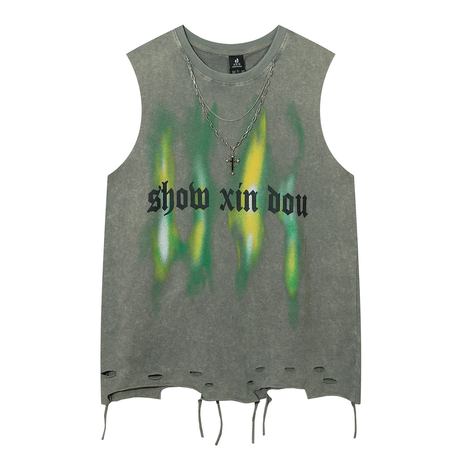 summer vintage necklace wash vest mens streetwear oversized trend hole sleeveless T-shirt womens hip-hop casual vest 250318
